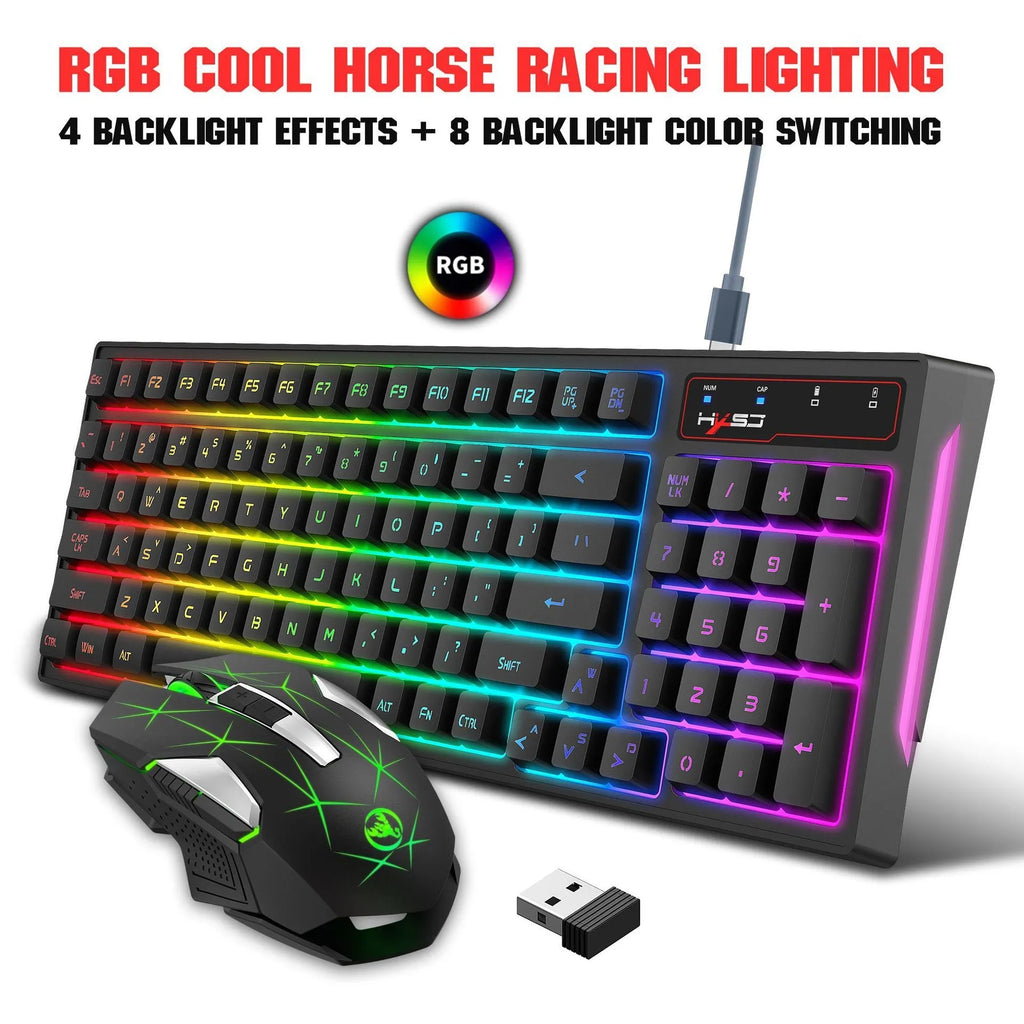 L99 2.4G wireless rechargeable keyboard and mouse set with RGB glow lighting and Type-C charging cable on desk
