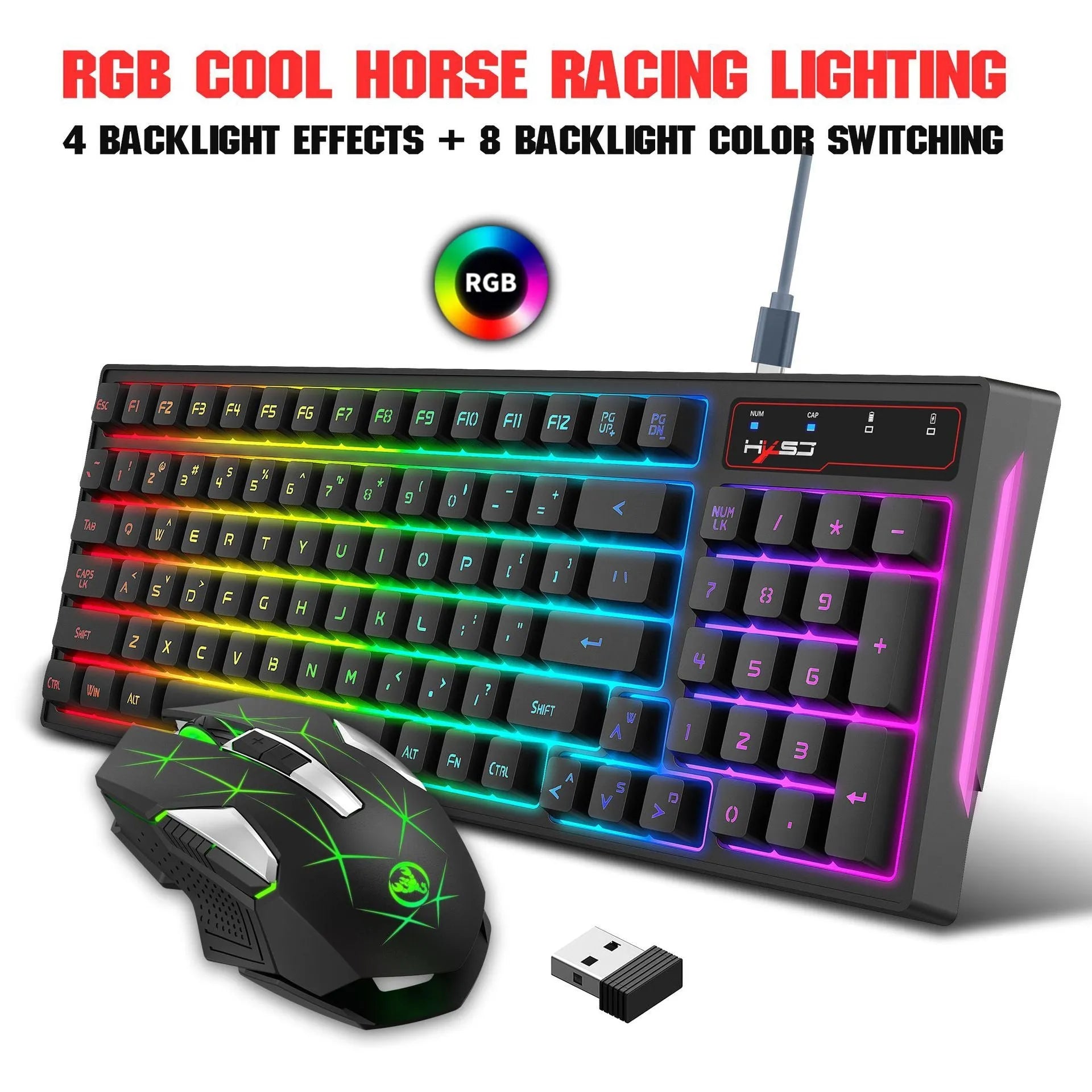 L99 2.4G wireless rechargeable keyboard and mouse set with RGB glow lighting and Type-C charging cable on desk