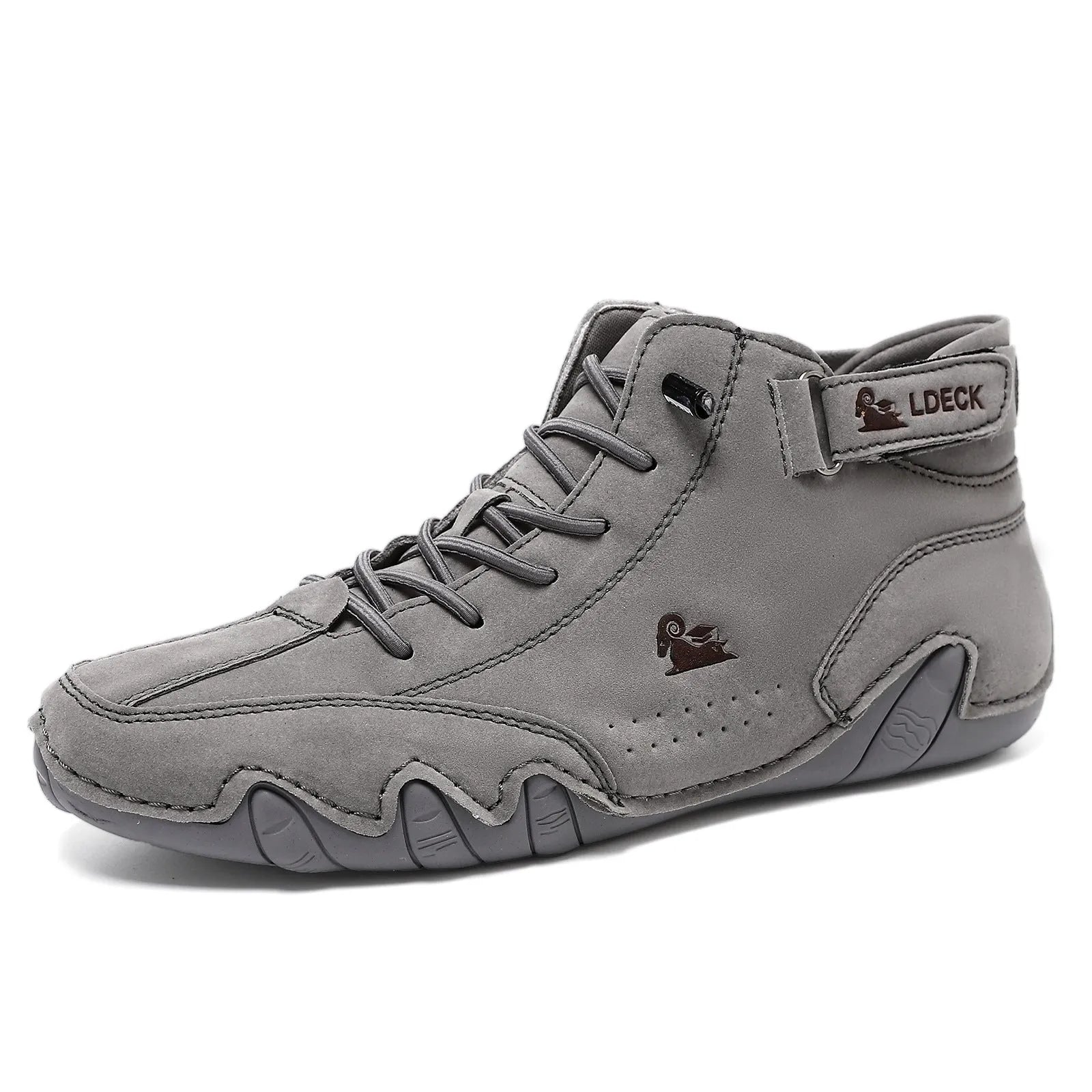 Men's khaki high top Octopus shoes with a round toe and rubber sole on a neutral background.