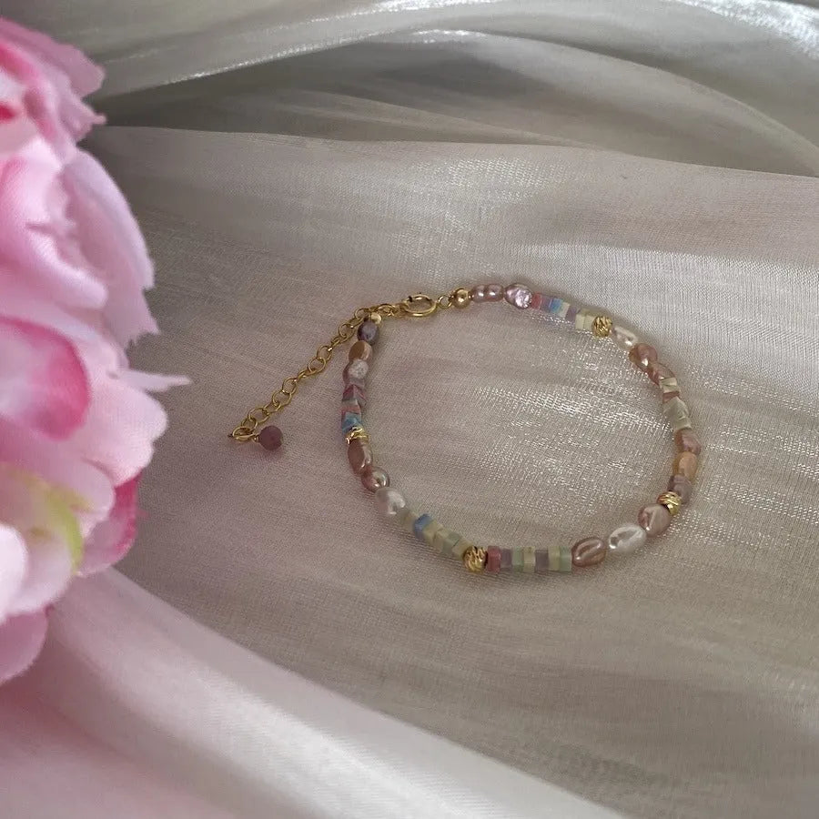 Mini irregular natural pearl bracelet and necklace set with 14K gilded purple and silver finish