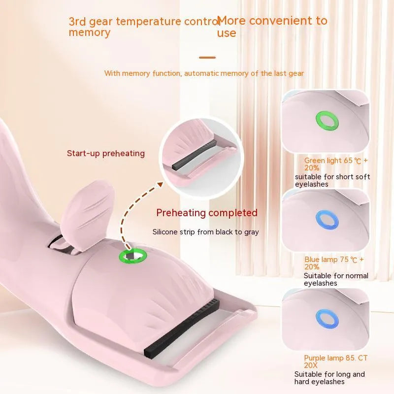Electric eyelash curler with three-speed temperature control, plastic body and silicone pad, USB charging, available in pink or white