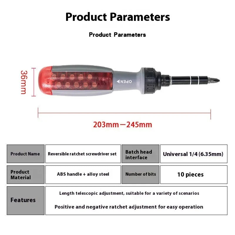 Ratchet two-way retractable screw bits set shaped screwdriver with magnetic tip and ABS handle