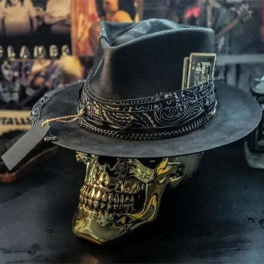 Handmade wool skull hat with conical crown and embroidered design