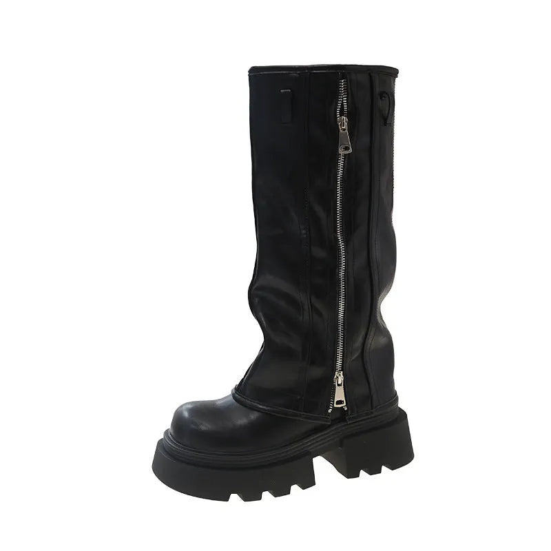 Women's black platform Martin boots with a square heel and high ankle cuff.