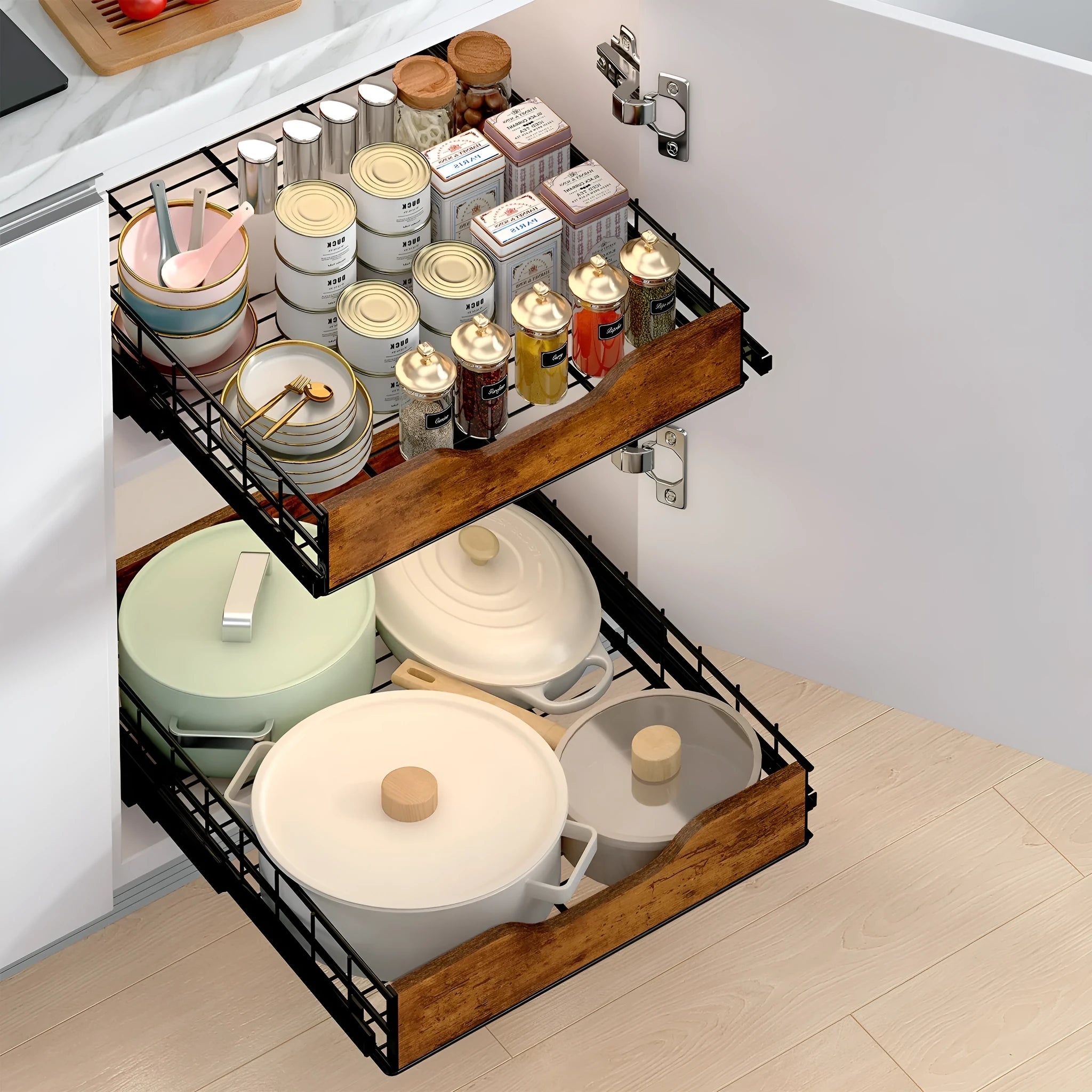 Black pull basket drawer storage rack with wood and iron construction