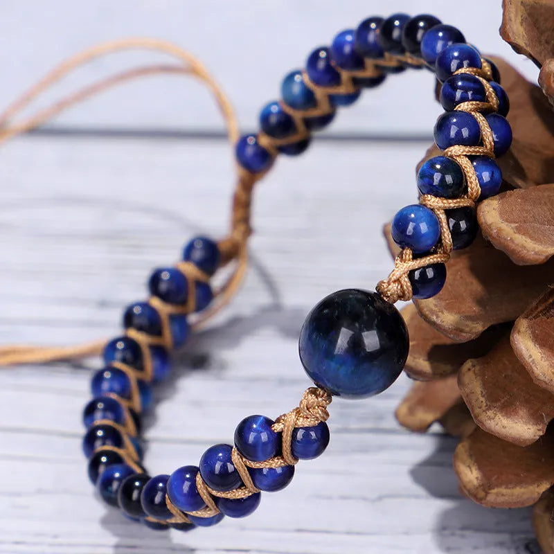 Handmade woven geometric pull bracelet with stone beads in blue tigereye or amethyst colours