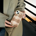 Letter personality lambskin plaid phone case in light coffee plaid colour, silicone with embossed pattern, for iPhone 14 Pro Max