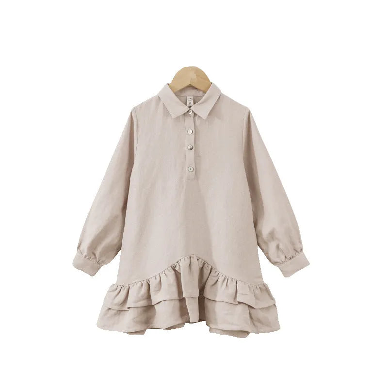 Children's cotton linen long sleeve dress with shirt collar and double-layer ruffled skirt in solid Hemp colour