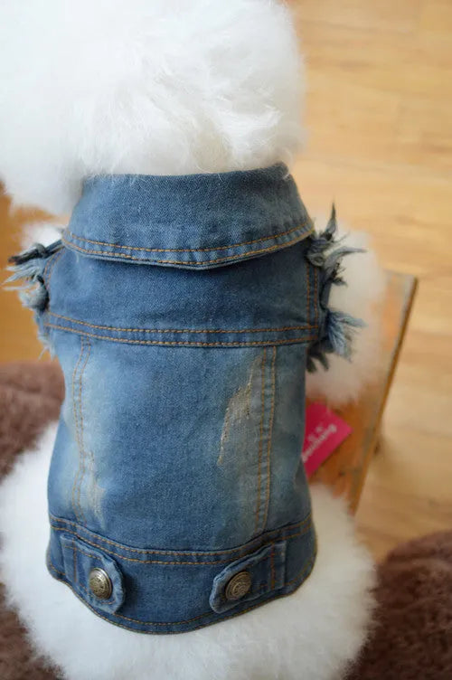 Retro scratch pattern denim dog vest for small breeds in dark blue and light blue options