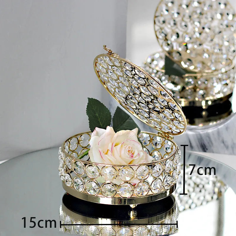 French gold metal jewellery storage box with transparent crystal glass lid and European decorative styling