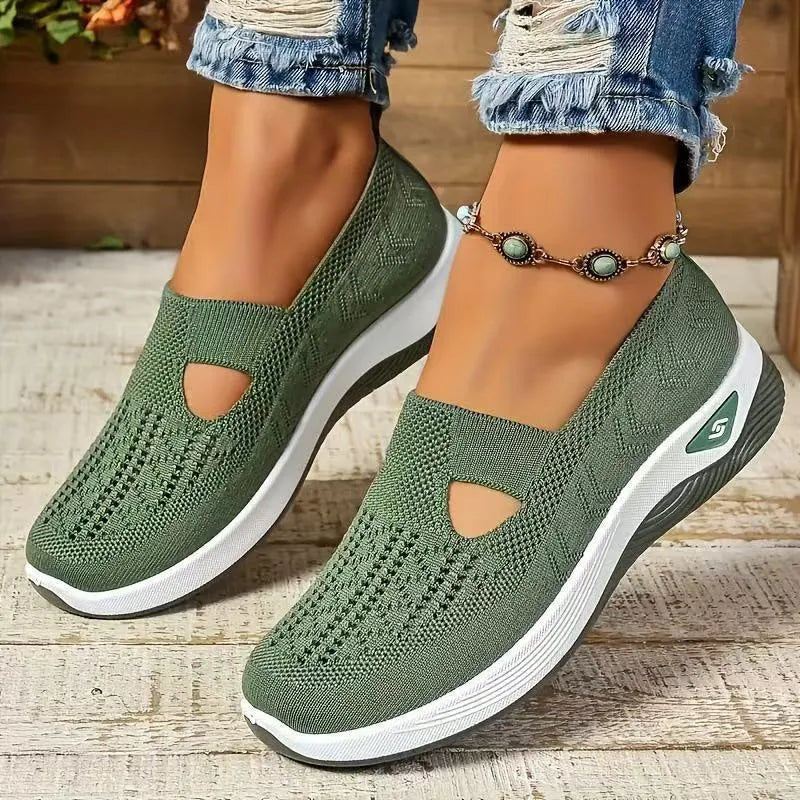 Women's casual flat shoes with mesh upper and T-strap in multiple colours