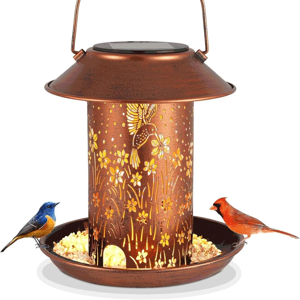 Solar-powered iron art bird feeder lamp with hummingbird pattern design for outdoor gardens