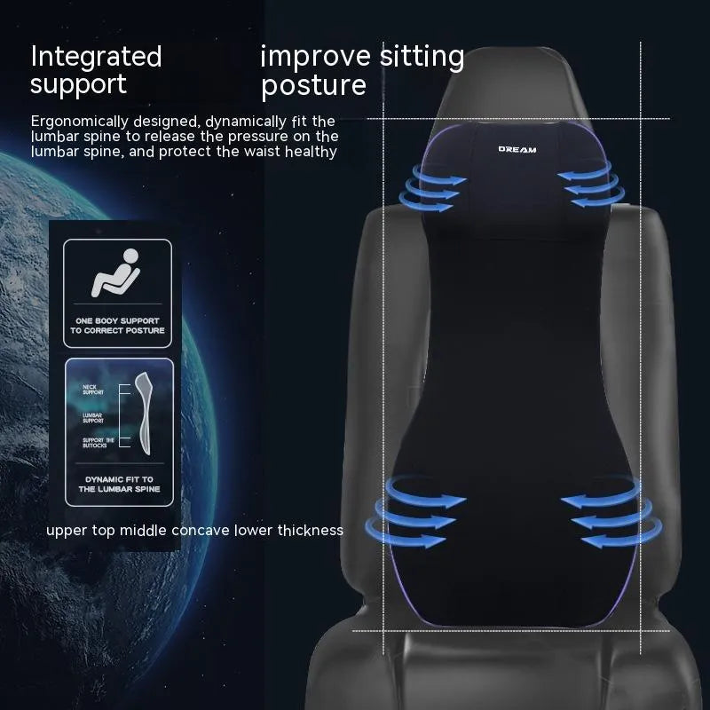 Black automotive memory foam waist cushion and headrest lumbar support pillow on a car seat.