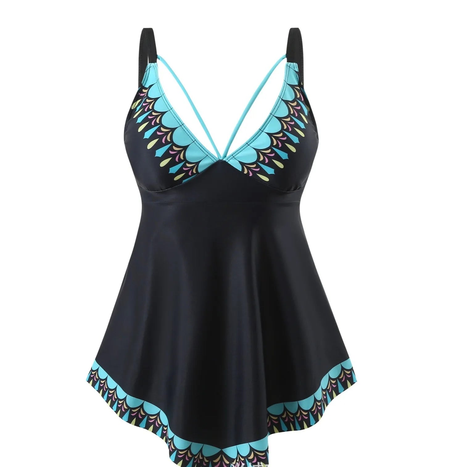 Plus size two-piece bikini swimsuit in blue on a mannequin, showing briefs style and sleeveless top.
