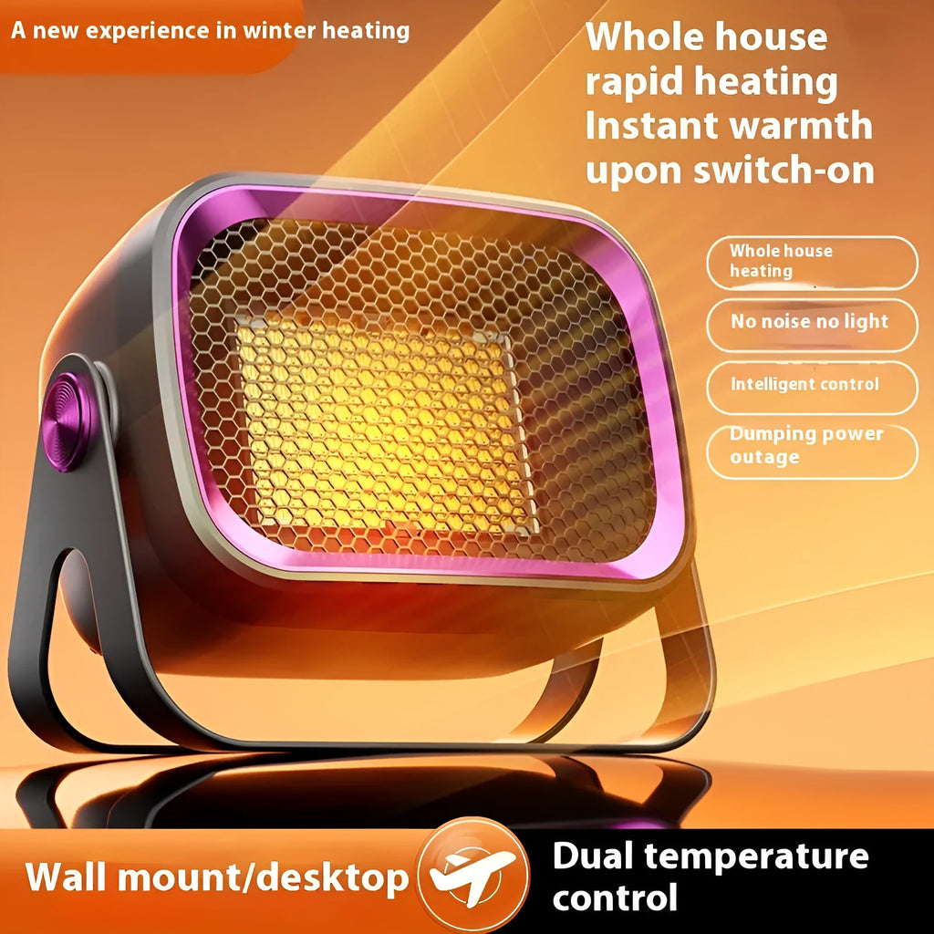 Rotatable white desktop ceramic heater on a wooden table showing control buttons and air outlet.