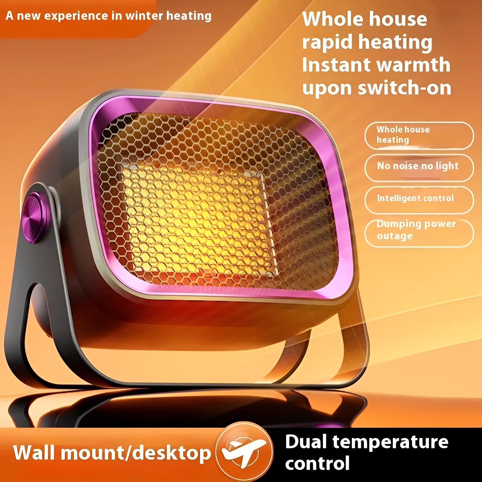 Rotatable white desktop ceramic heater on a wooden table showing control buttons and air outlet.