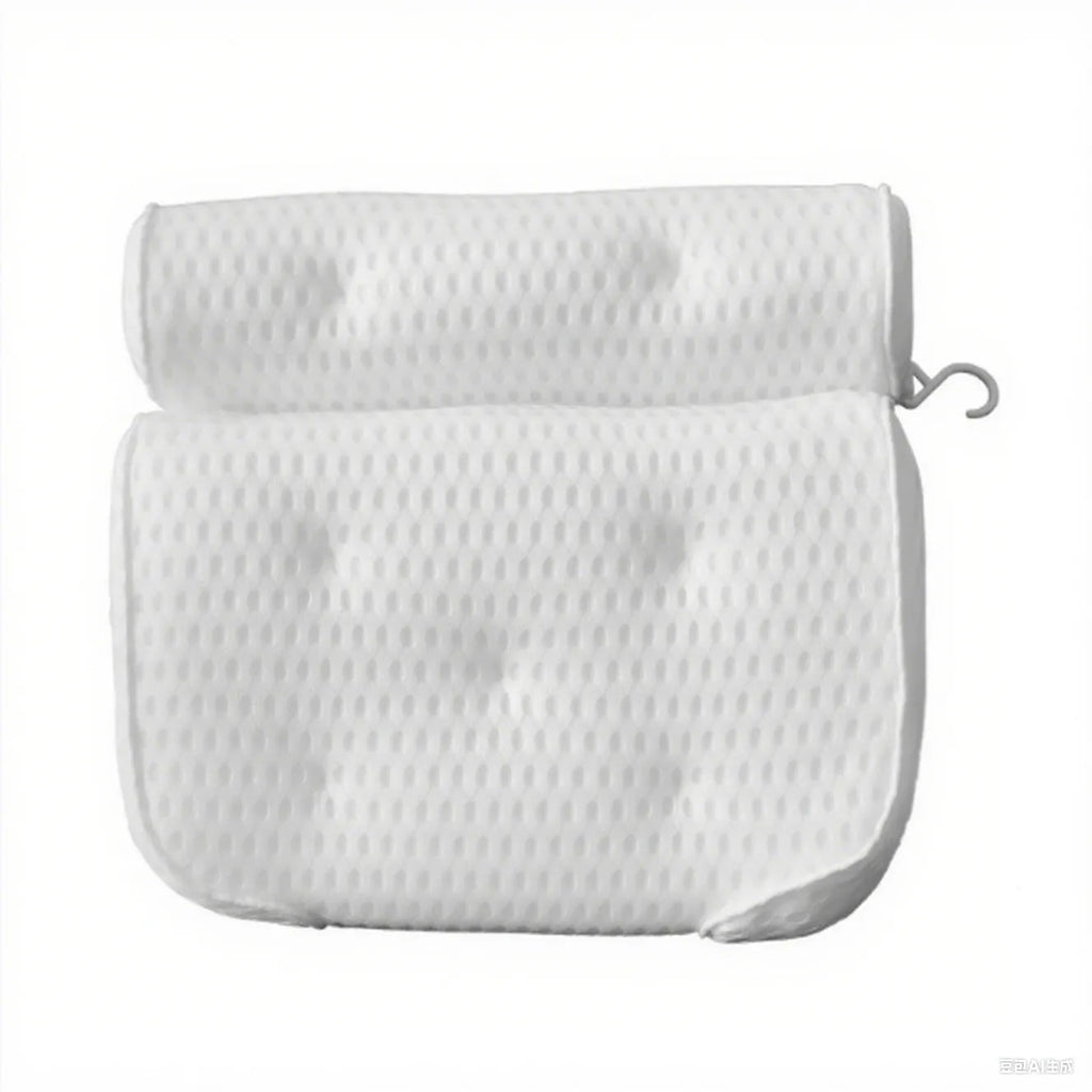 White bathtub pillow with mesh fabric and suction cups on a bath mat.