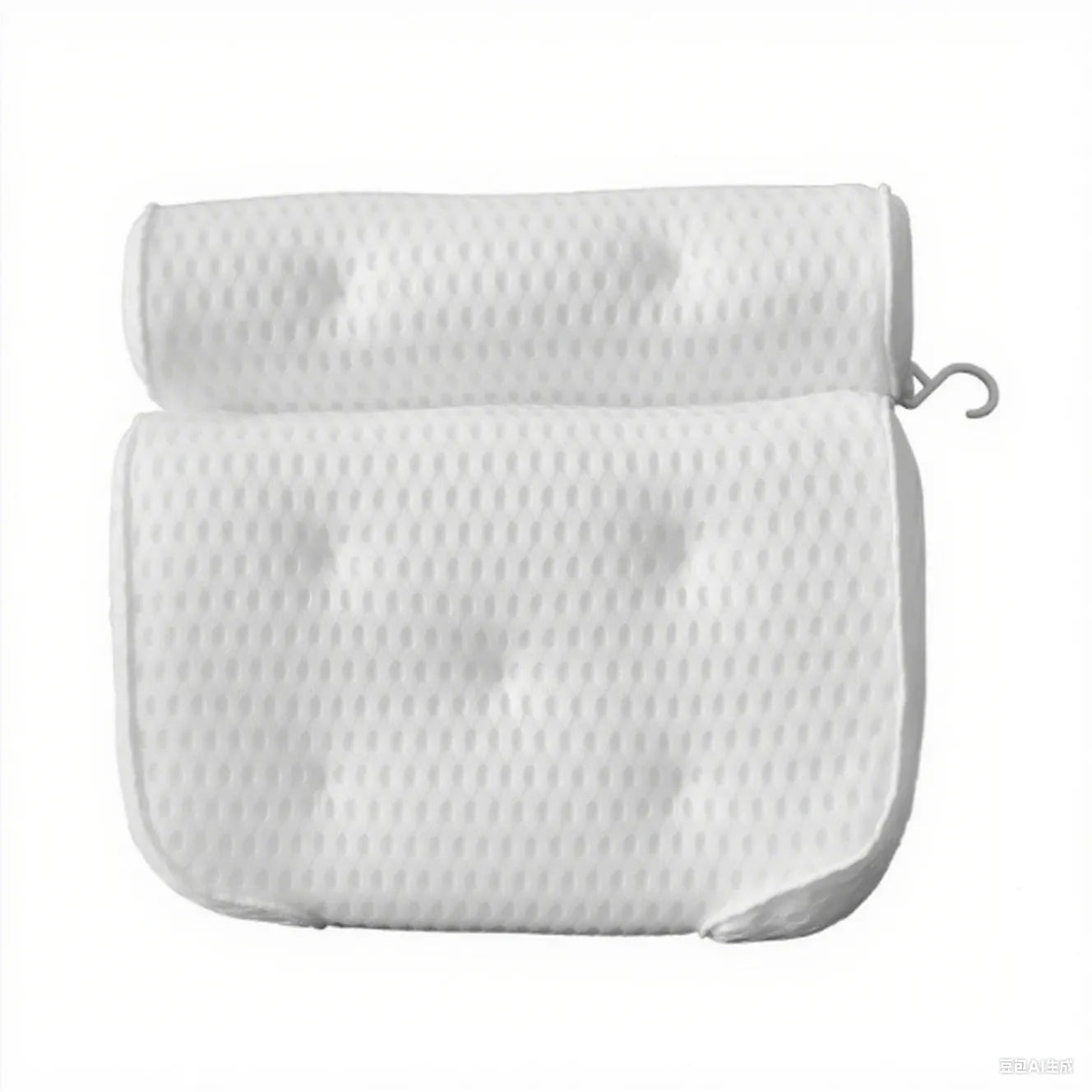 White bathtub pillow with mesh fabric and suction cups on a bath mat.
