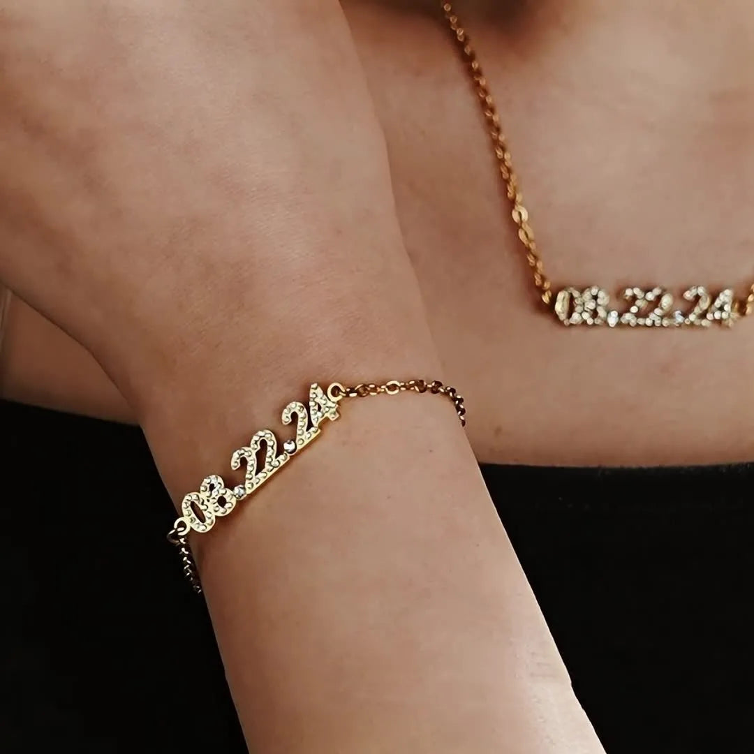 Stainless steel digital bracelet and necklace set with decorative stones in gold, rose gold, or steel colour