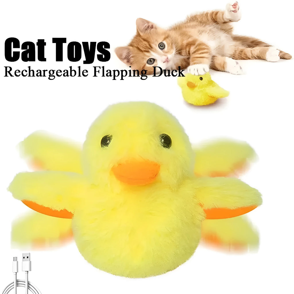 Yellow chick-shaped electric interactive cat toy with plush cover on a plain background.