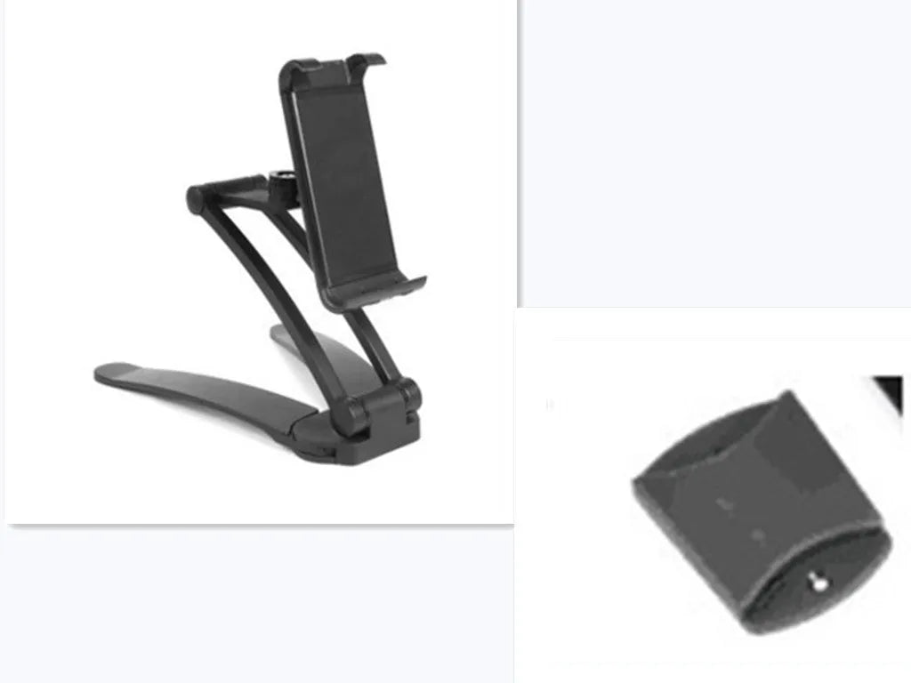 Silver aluminum alloy tablet stand with white mount holding tablet at adjustable angle