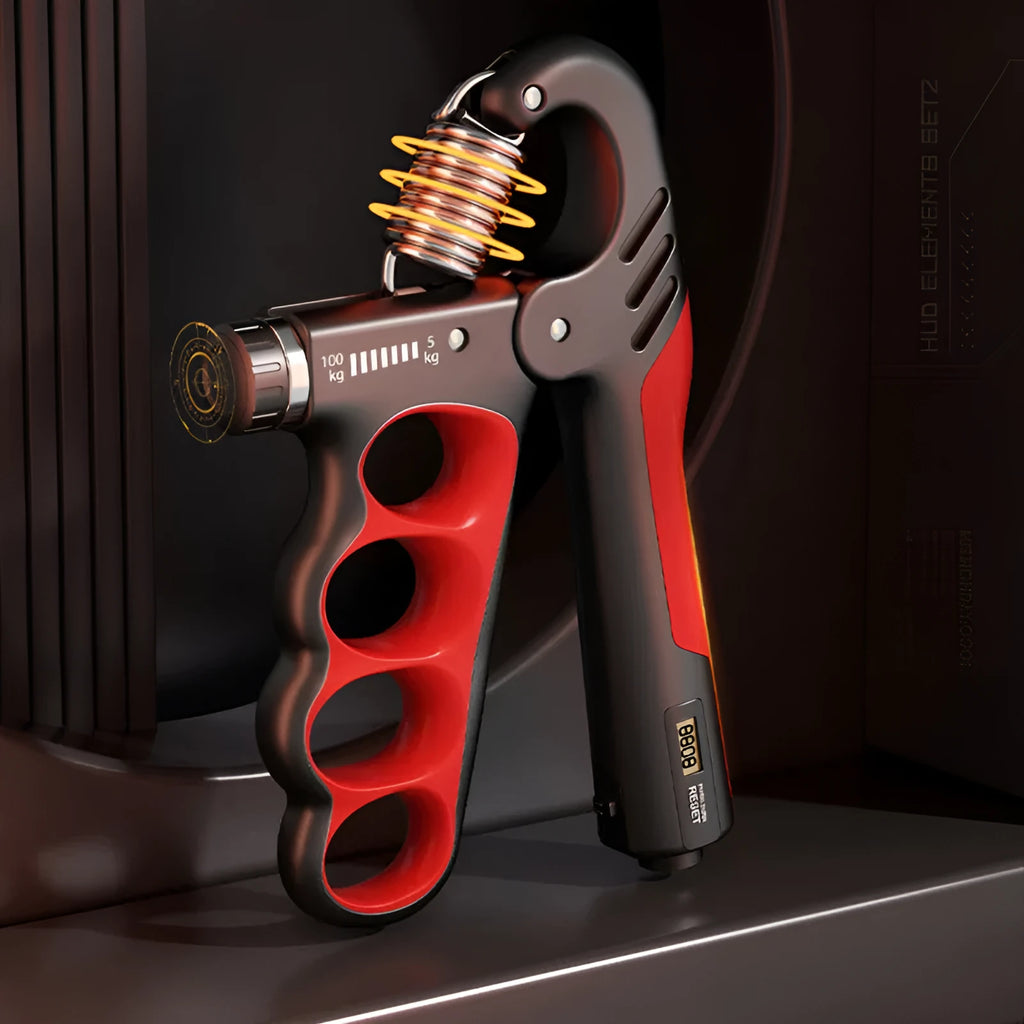 Electronic counter spring grip fitness trainer in orange, red or grey colour