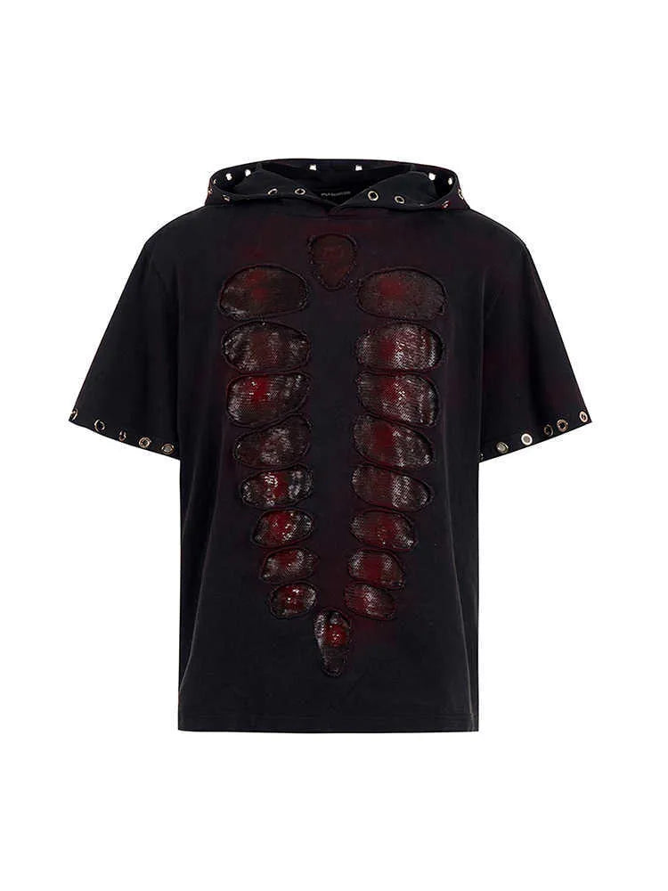 Black men's hooded short-sleeved t-shirt with sequin detailing and loose-fit design