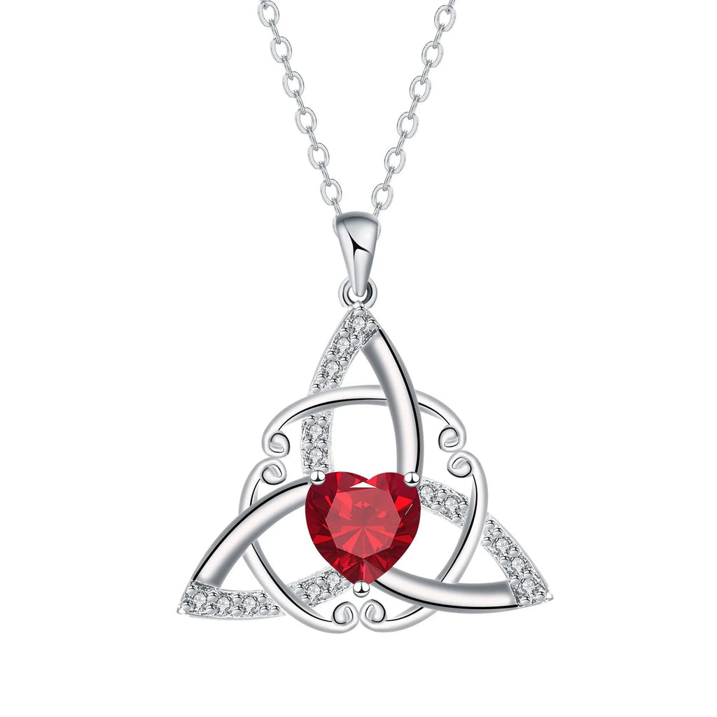 Women's geometric Celtic knot pendant necklace in electroplated copper, showing blue colour option.