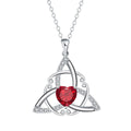Women's geometric Celtic knot pendant necklace in electroplated copper, showing blue colour option.