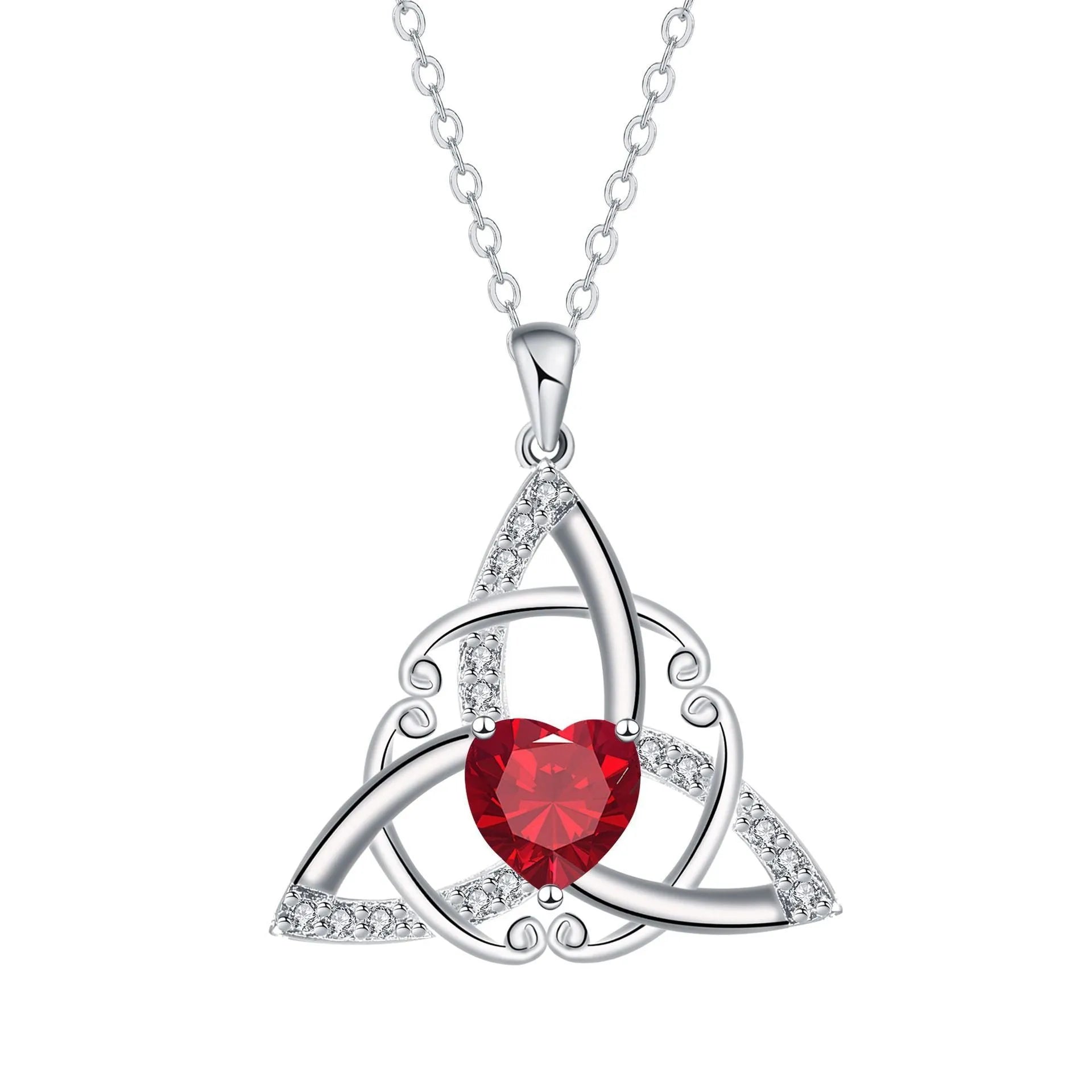 Women's geometric Celtic knot pendant necklace in electroplated copper, showing blue colour option.