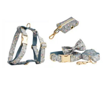 Blue floral patterned dog collar and matching leash, vest, and bow set on a white background.