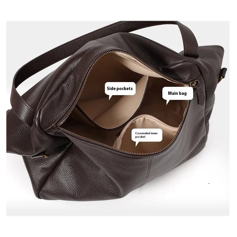 Brown genuine leather women's commuter shoulder bag showing horizontal square design and shoulder strap