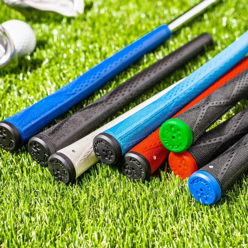 TPE material golf club grip shown in multiple colour options including pink, red, blue, white, and black.
