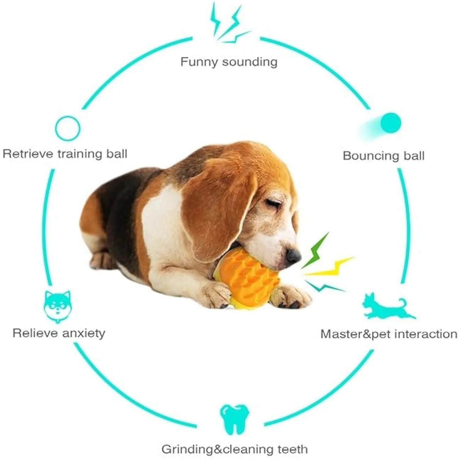 Blue and orange squeaky dog ball toy with spiky texture for teeth cleaning and floating capability