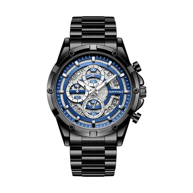 Men's waterproof luminous casual quartz watch with steel belt in black and blue, black and gold, or silver and white colour options
