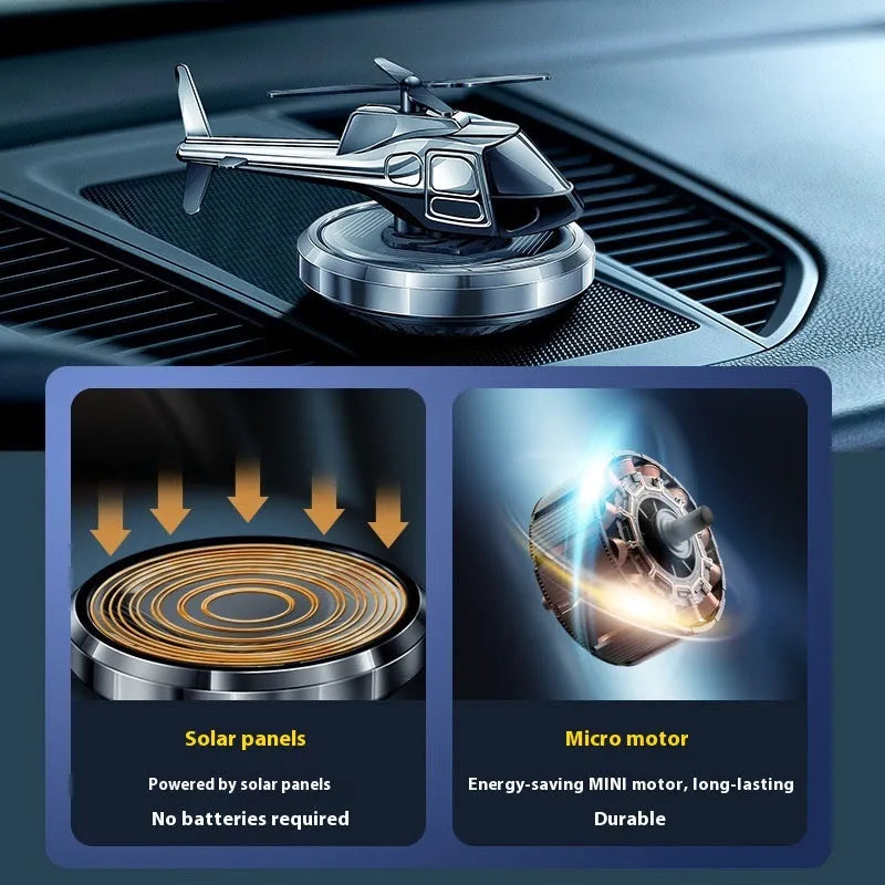 Solar-powered rotating metal helicopter car perfume decoration in silver, black, or blue