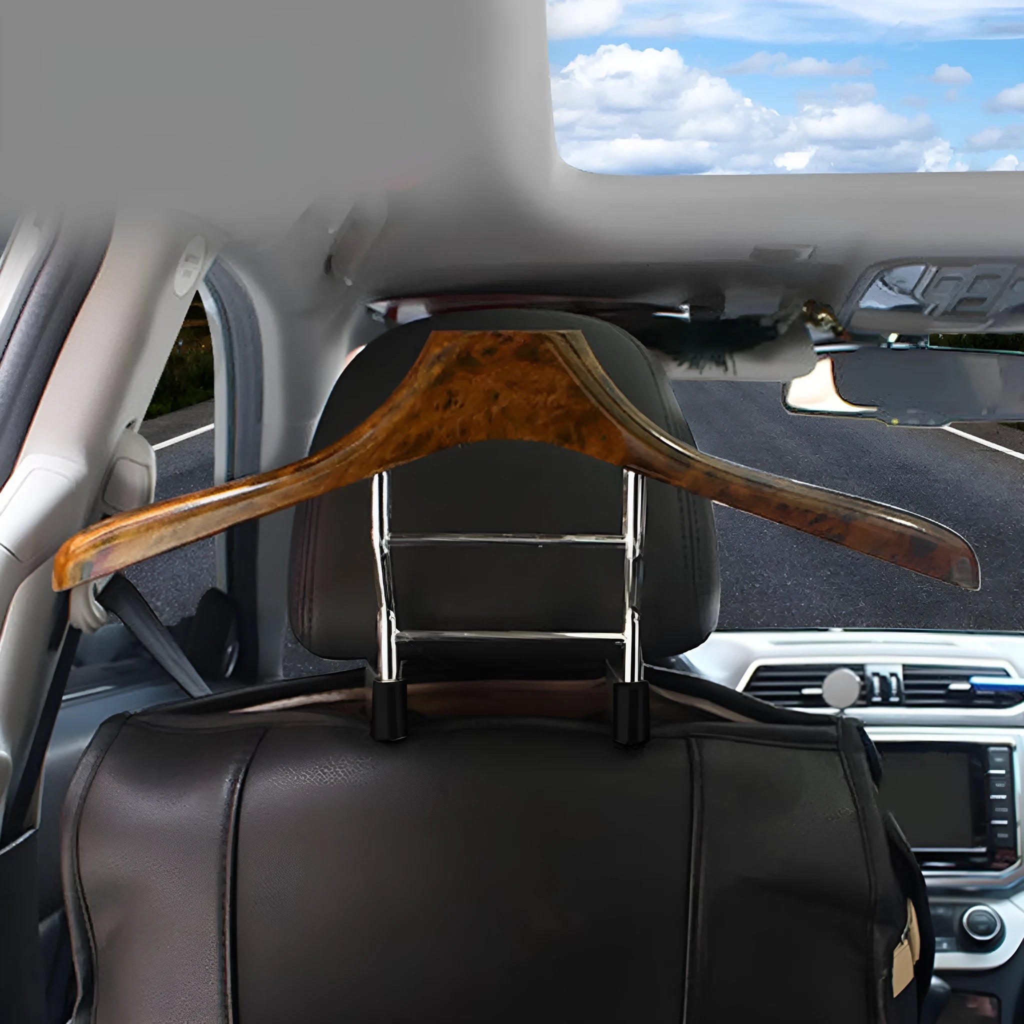 Wood yellow stainless steel car mounted clothes hanger showing dimensions of 46.5 by 23 centimetres