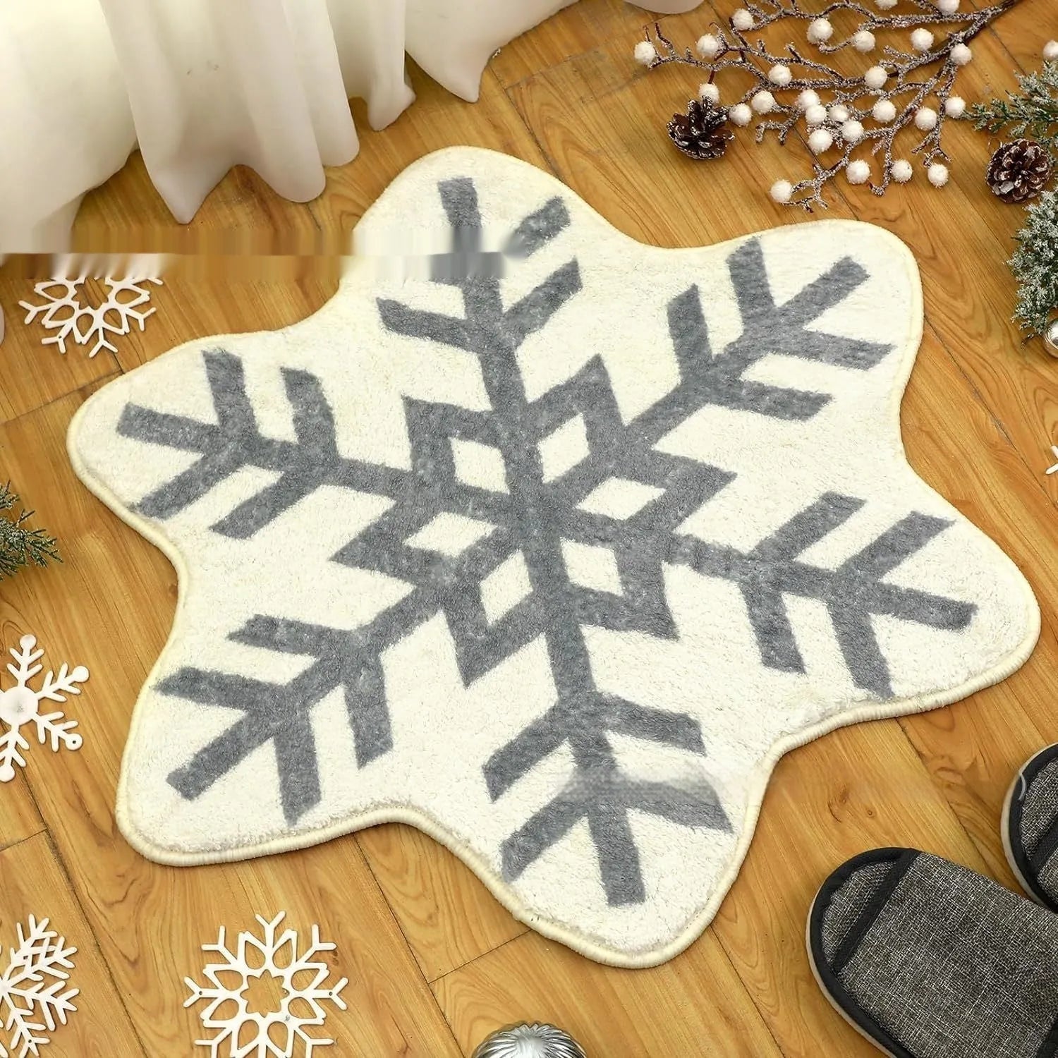Christmas printed polyester carpet in square format with festive blanket design