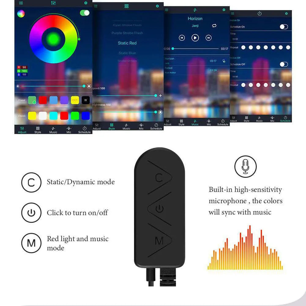 Car USB atmosphere light with RGB colours, ABS housing, fibre cable for centre console and instrument panel modification