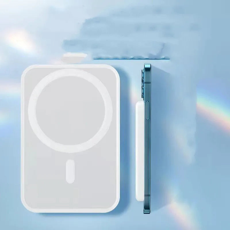 White magnetic wireless charging power bank with 5000mAh capacity showing compact dimensions