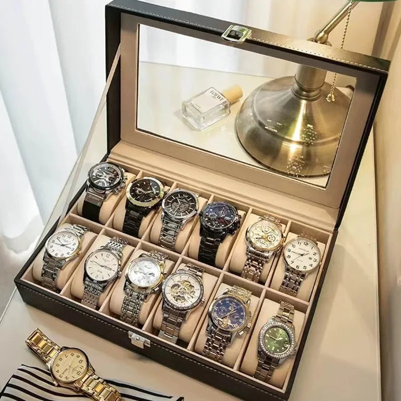 Grey high-grade leather watch storage box with a clear see-through lid showing internal compartments.