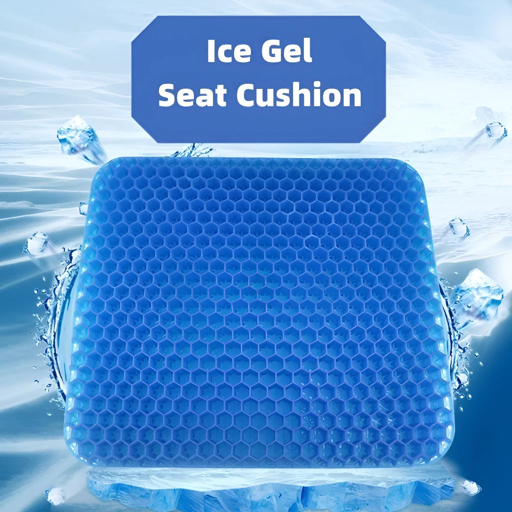 Gel seat cushion with honeycomb pattern and removable blue PVC cover for pressure relief.