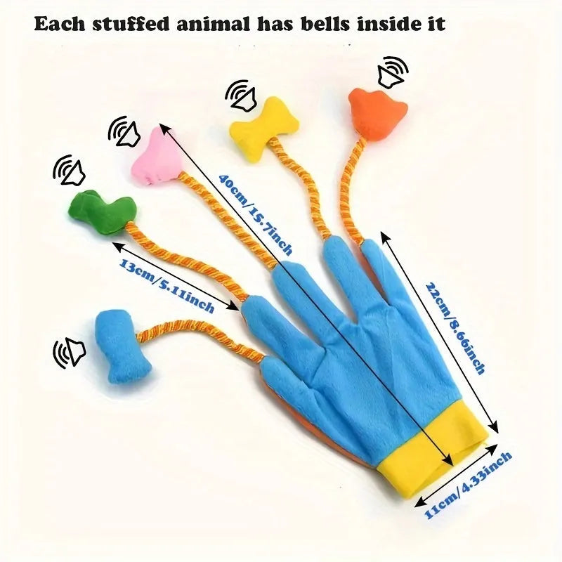 Yellow and blue interactive cat toy glove with bell and trailer measuring 40cm