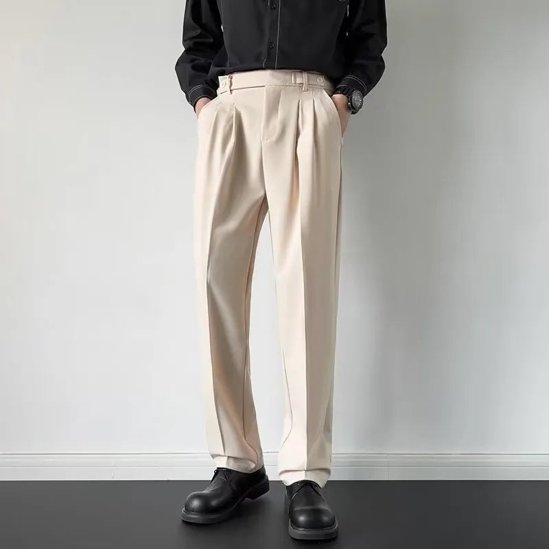 Men's straight leg loose fit suit trousers in apricot and black colours