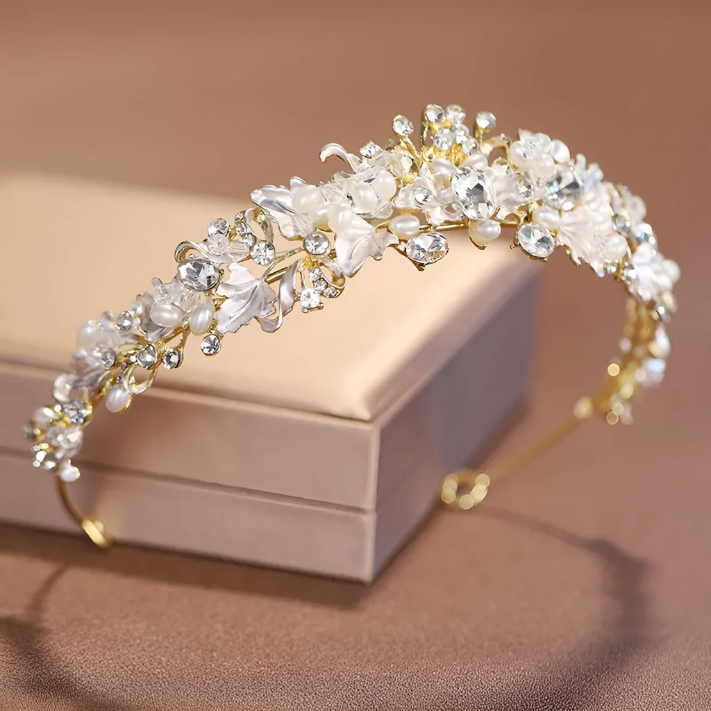 Pearl crown headdress with electroplated alloy construction in gold or silver colour