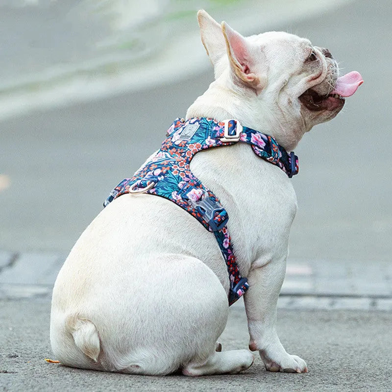 Floral patterned pure cotton dog chest harness with adjustable straps for walking control