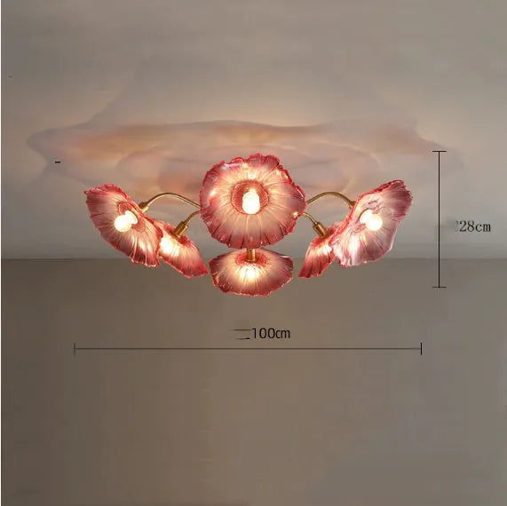 Modern creative flower ceiling lamp with white or purple shades in five or six flower configuration