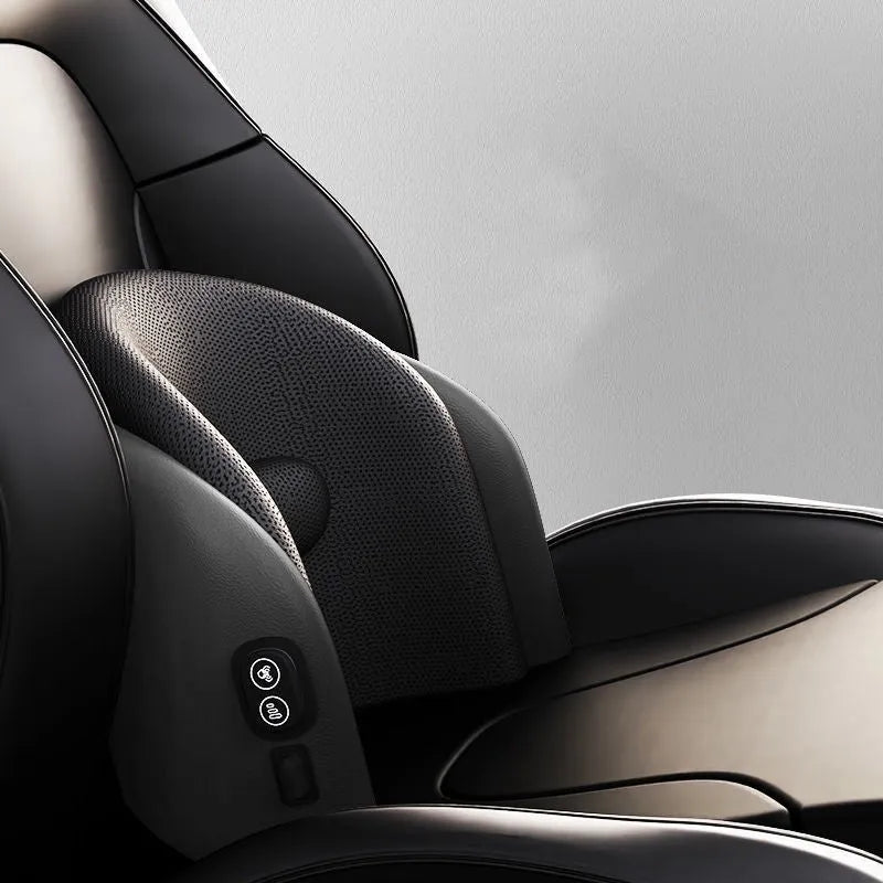 Classic black memory cotton car massage cushion shown as a headrest and lumbar support on a car seat.