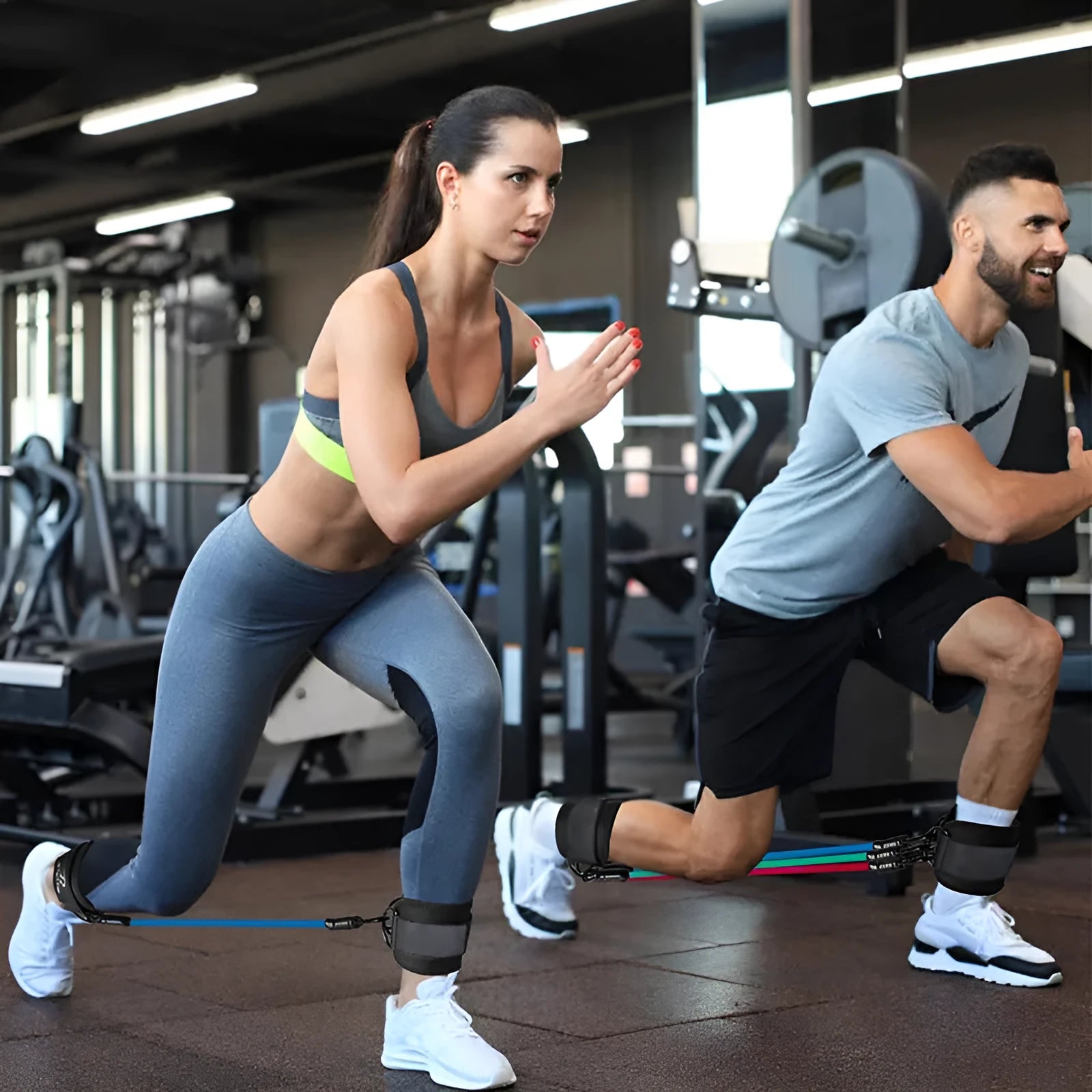 Yoga exercise hip lifting tension band set with three resistance levels and foot loops