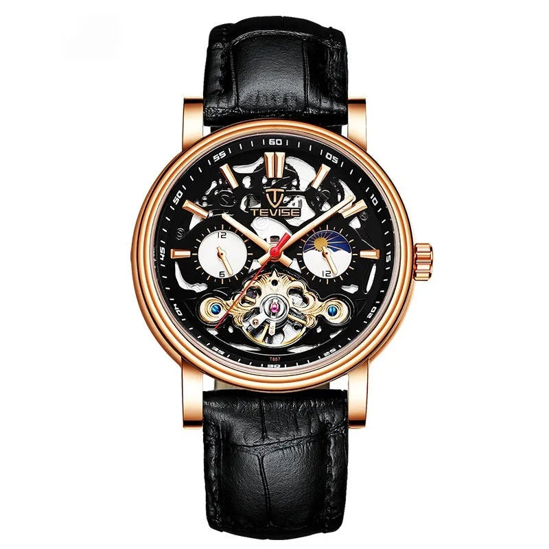 Men's black dial tourbillon mechanical watch with luminous hands on a leather strap